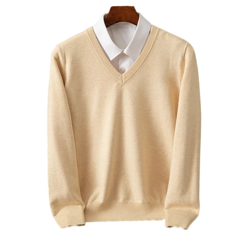 Men's knitted viscose-blend V-neck pullover sweater in light grey with ribbed hem
