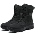 Men's black and camouflage high-top combat boots with mesh upper and totem pattern detailing