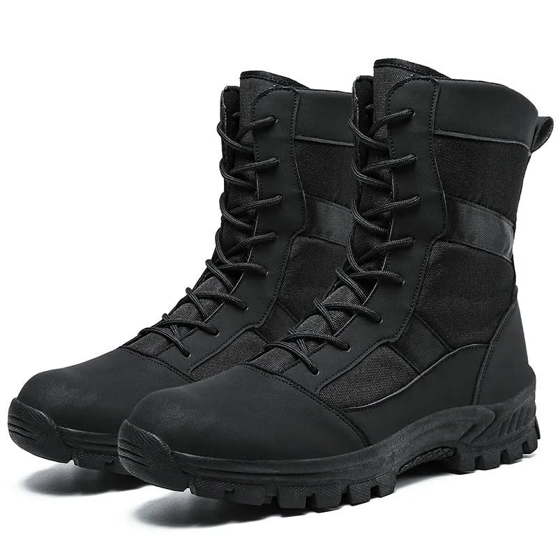 Men's black and camouflage high-top combat boots with mesh upper and totem pattern detailing
