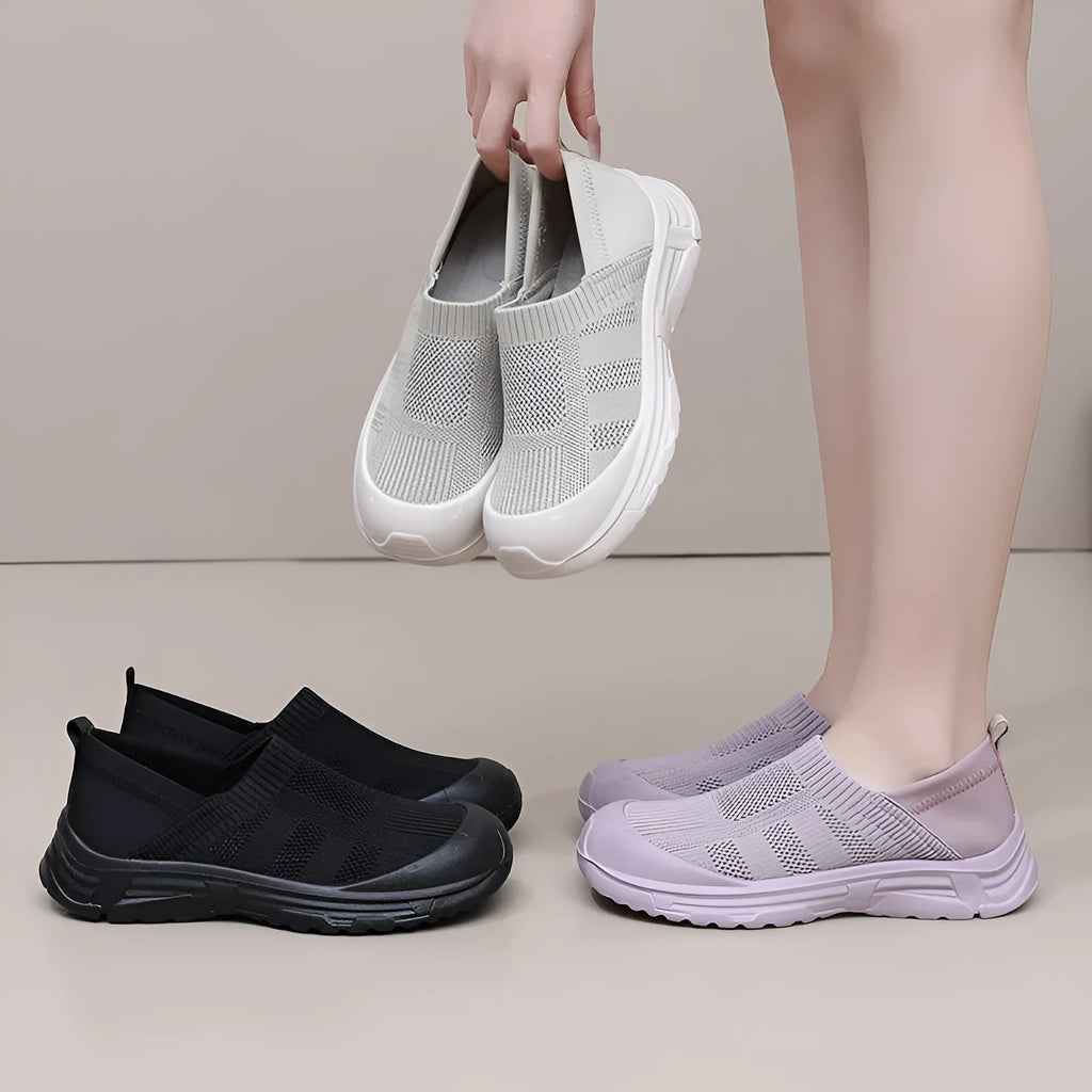Women's black slip-on one pedal shoes with soft PVC sole and breathable cloth upper