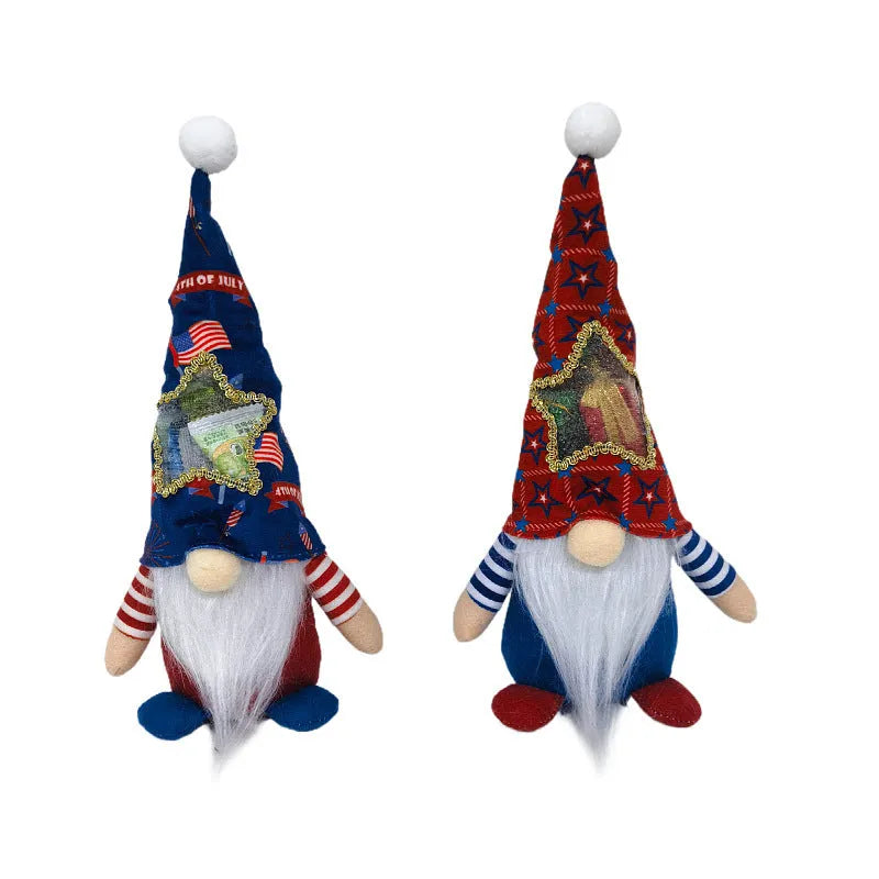 Two faceless red and white Rudolf suit baby doll Christmas tree ornaments made of cloth.