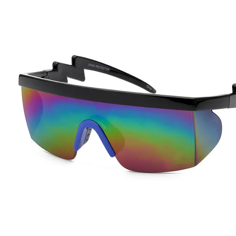 Sports sunglasses with half-frame PC construction and colourful lenses on a white background.
