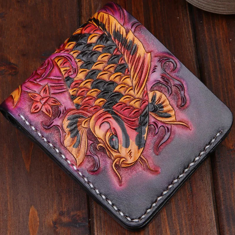 Men's carved cow leather short wallet in red, showing open design and dimensions.