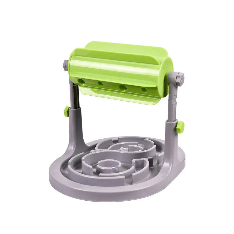Interactive pet food puzzle slow feeder in blue, green, or pink with adjustable height settings