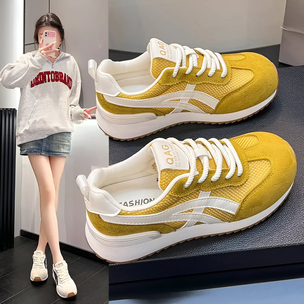 Women's casual lace-up sneakers in pink, white, or yellow with a non-slip sole and cloth lining.