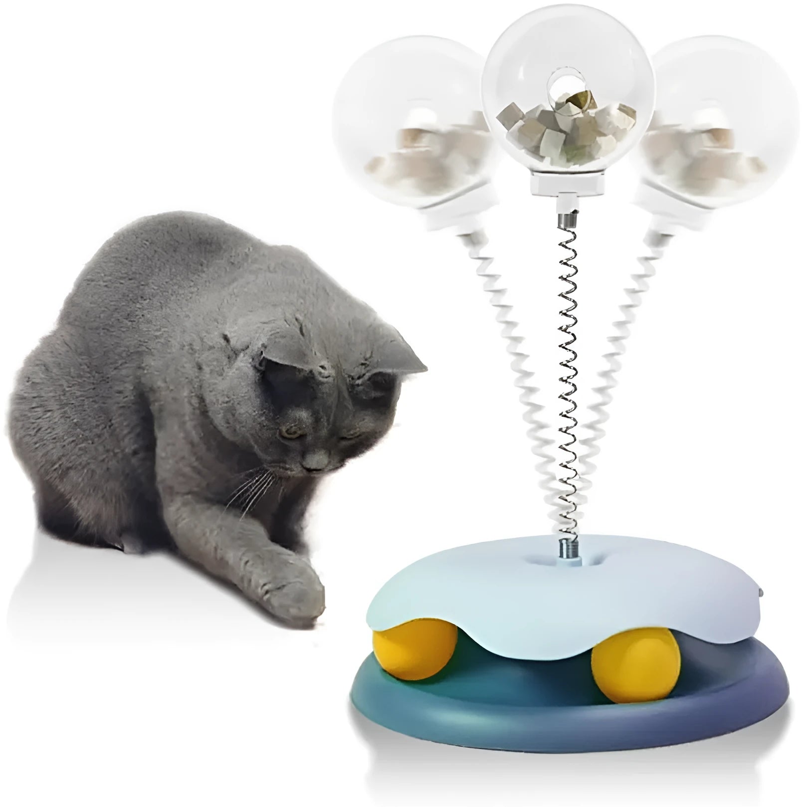Blue and green cat treat dispenser toy with track ball for slow feeding entertainment