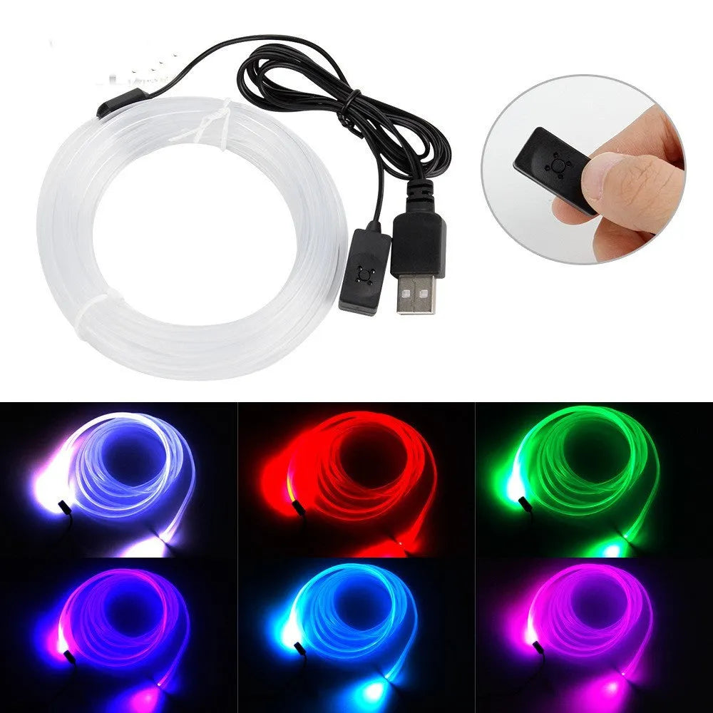 USB-powered multicolour LED car ambience light strip in flexible PVC, shown in lengths from 1 to 5 metres.