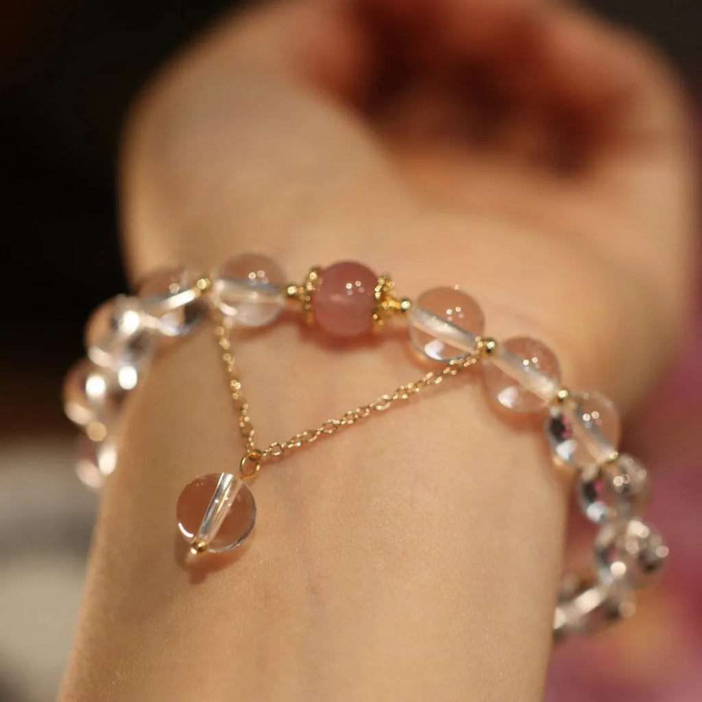 Geometric crystal bracelet with Chinese auspicious patterns in white and pink crystal beads