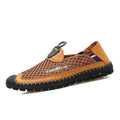 Men's brown casual mesh shoes with round toe and rubber sole on a white background.