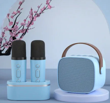 Family singing microphone set with Bluetooth speaker and two dual wireless microphones in four colour options