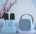 Family singing microphone set with Bluetooth speaker and two dual wireless microphones in four colour options