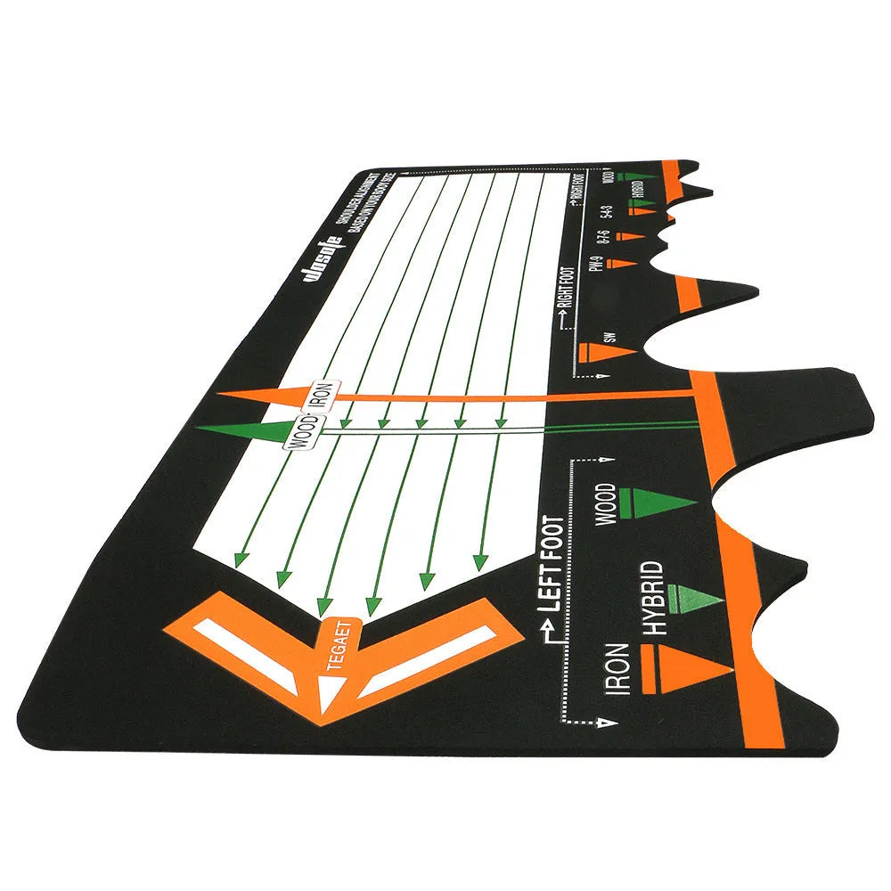 Black neoprene golf swing posture training pad on grass for stance alignment correction.