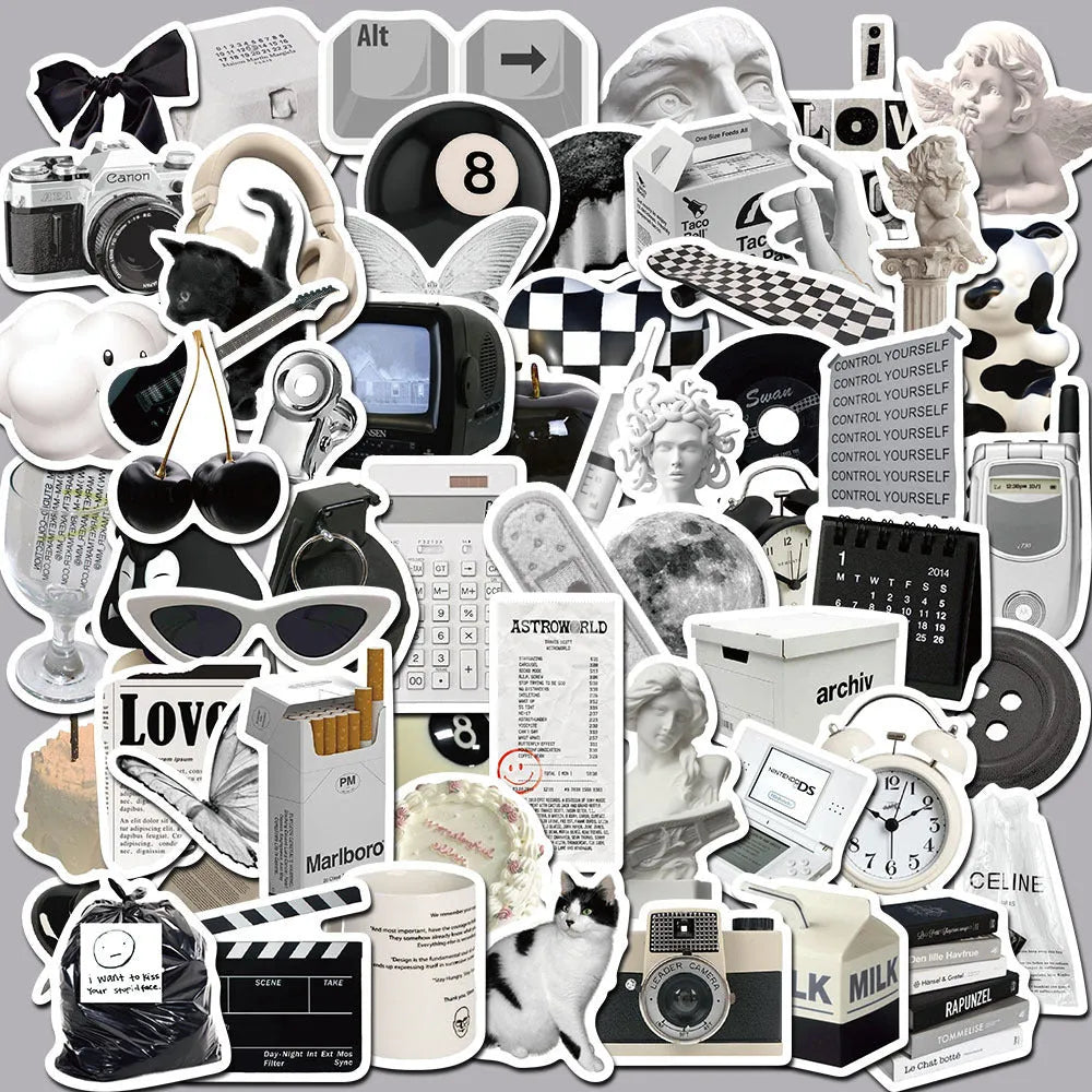 Assortment of 61 black and white line-art PVC stickers for laptops and luggage.
