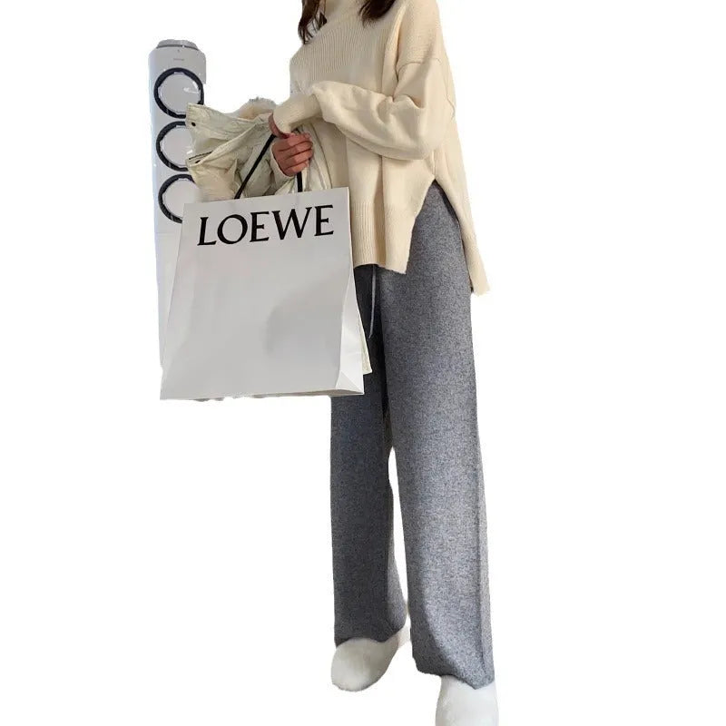 Women's cream white knitted wide-leg high waist trousers for autumn winter casual wear