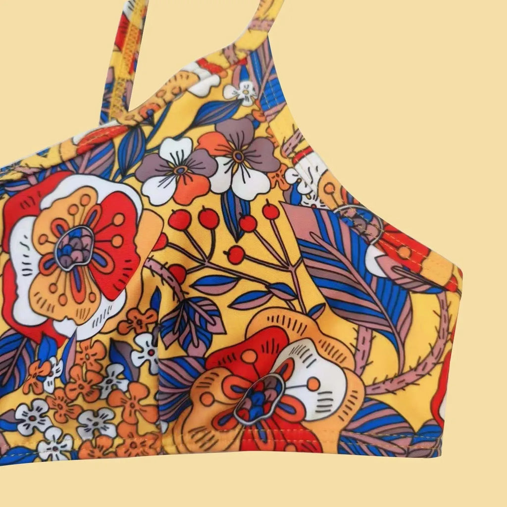 Plus size women's floral print bikini with adjustable straps, two-piece swimsuit set in colourful patterns