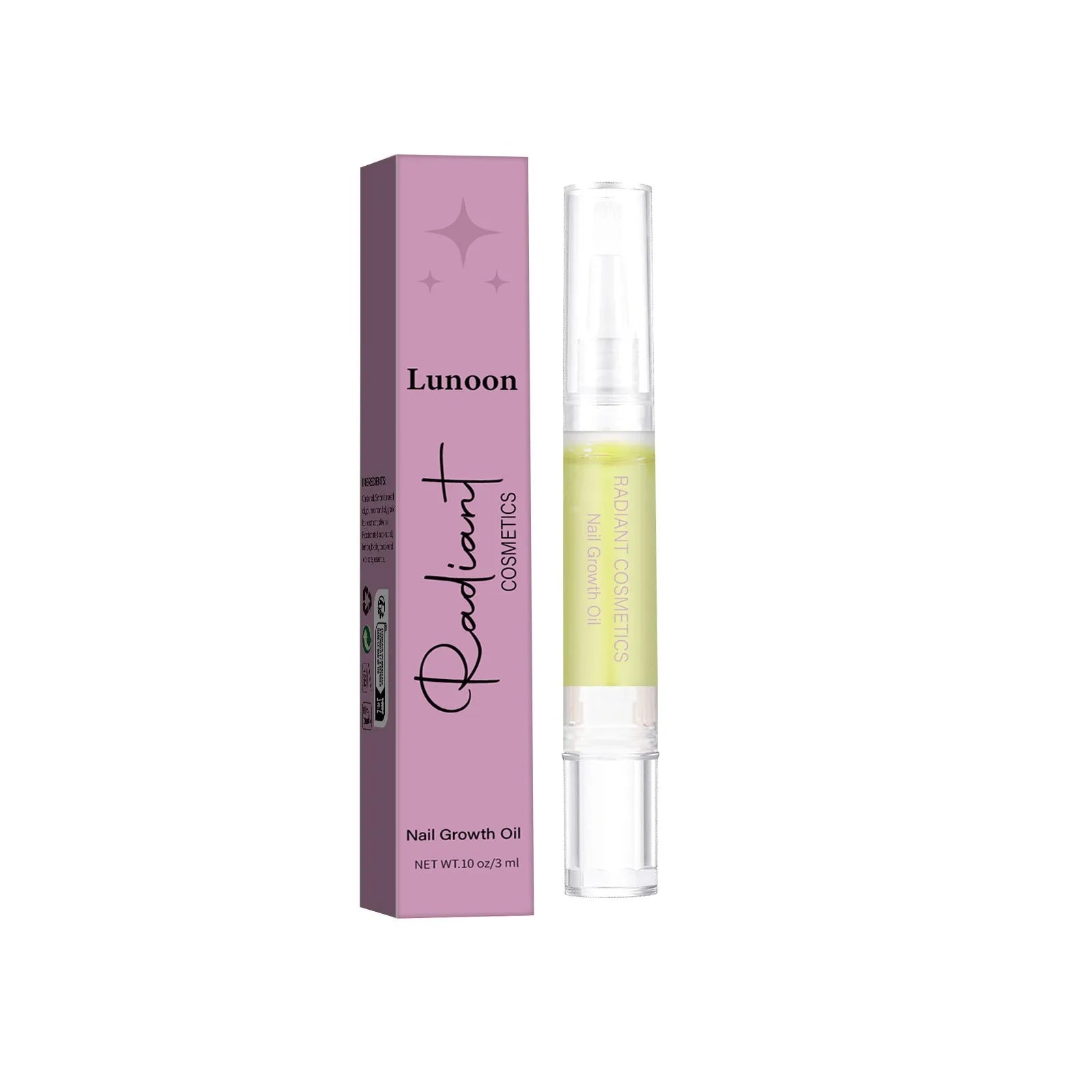 Small 3ml bottle of clear nail growth treatment oil on a white background.