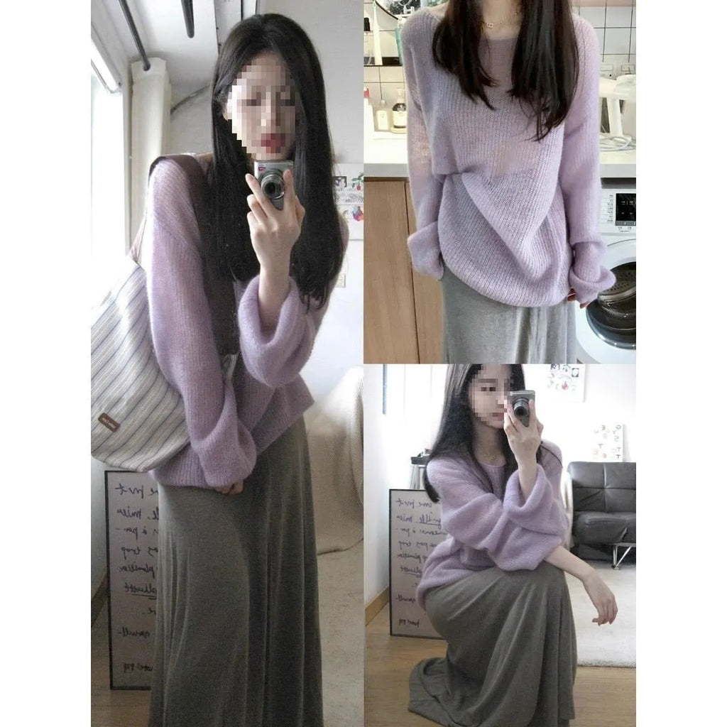 Purple sleeveless women's blouse with round neck, shoulder straps, and hollow-out ice silk fabric.
