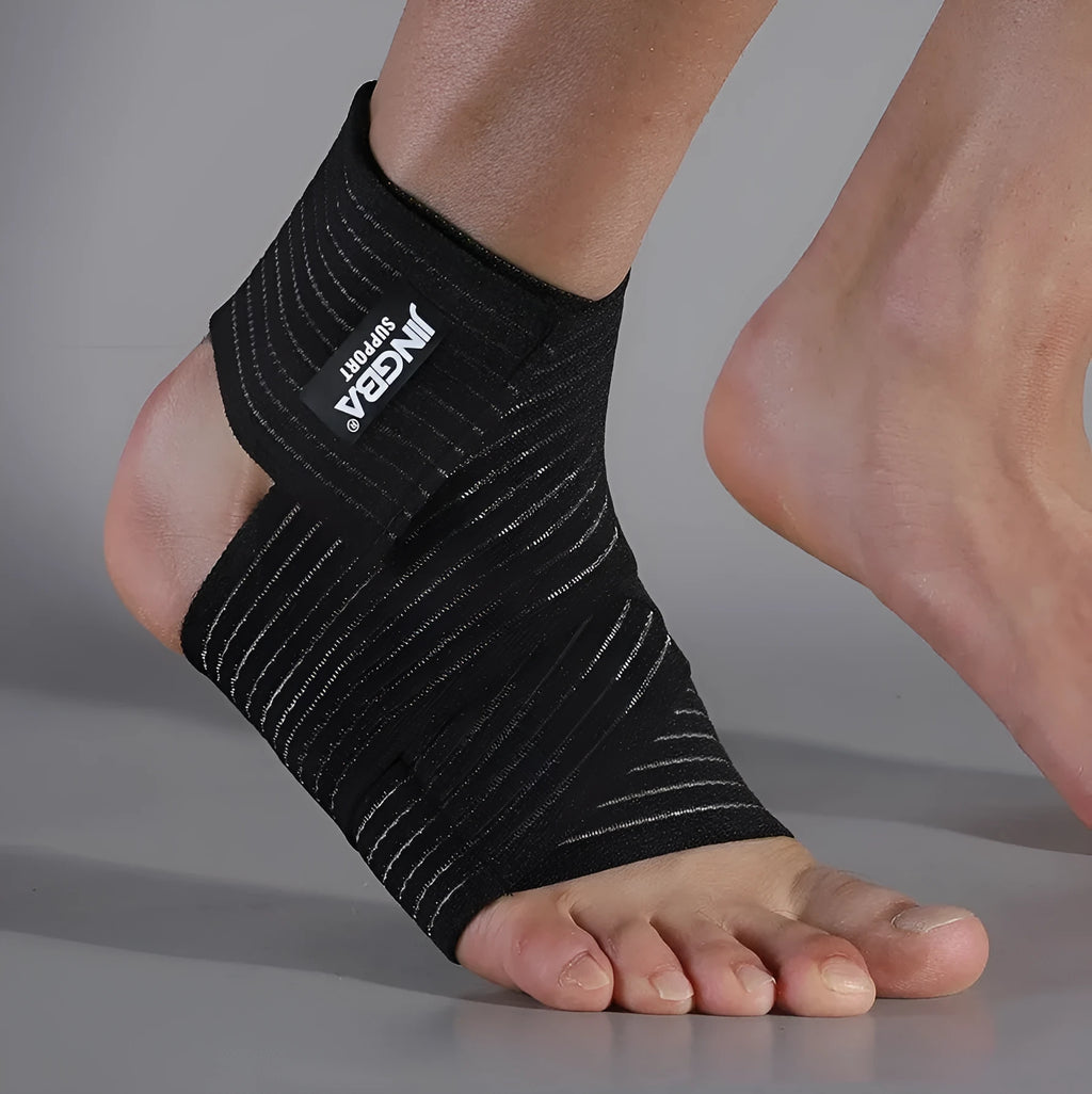 Adjustable black sports ankle support bandage for running, basketball, and athletic activities