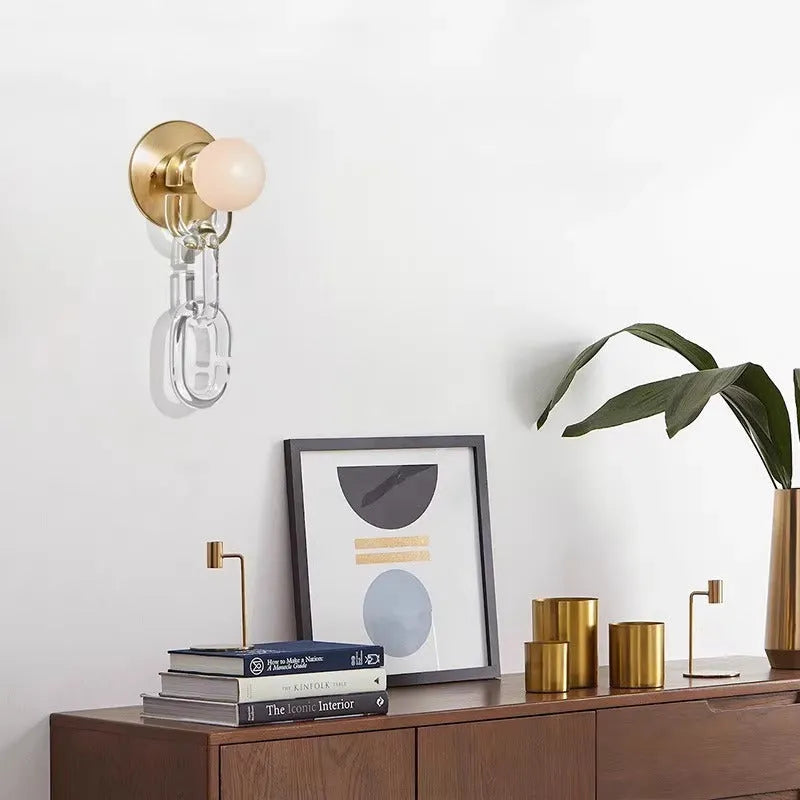 Glass ball wall lamp with hanging chain, iron body, LED light, 220V, black gold or chrome base options
