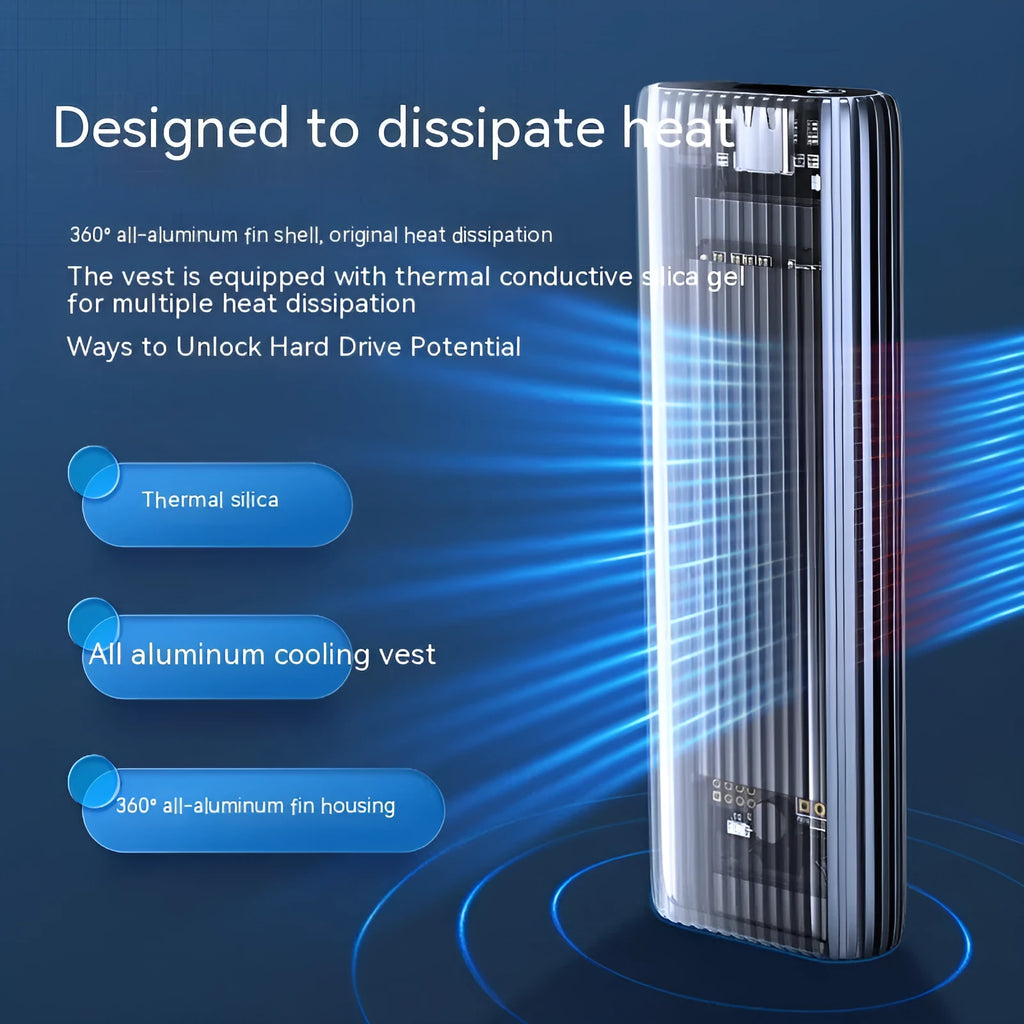 Aluminium external SSD enclosure for M.2 drives with data cable and thermal accessories.
