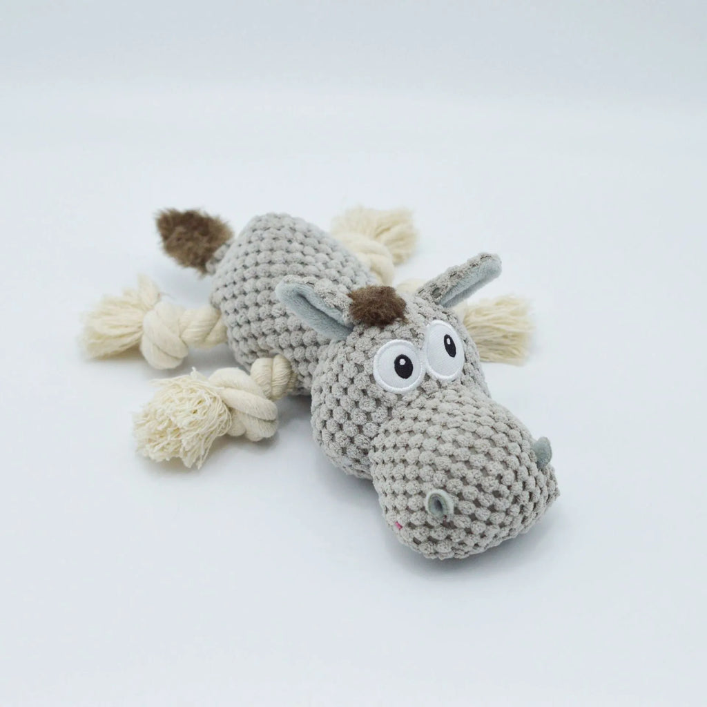 Grey donkey plush dog toy with creak sound measuring 27x20x9.5cm