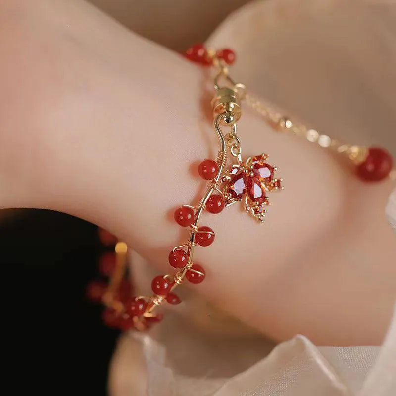 Red ginkgo leaf maple charm magnetic bracelet with Chinese style design on alloy band