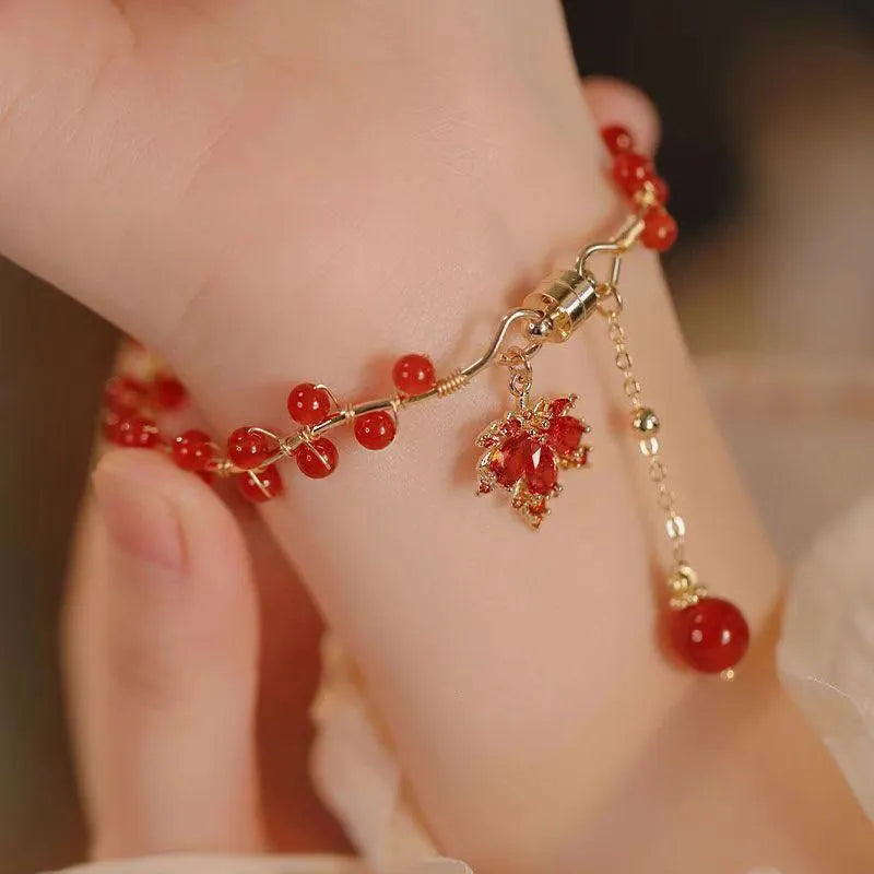 Red ginkgo leaf maple charm magnetic bracelet with Chinese style design on alloy band