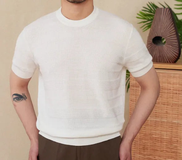 Men's retro-style short-sleeved cotton T-shirt on a hanger, shown in off-white and royal blue colour options.