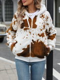 Yellow brown cow animal print hooded cardigan jacket with zipper closure and threads detail