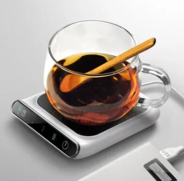 Black USB-powered cup warmer with tempered glass surface showing three temperature control settings