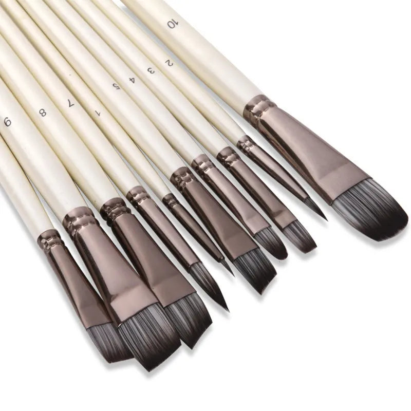 Set of 10 pearl white nylon paintbrushes with wooden handles for oil painting.