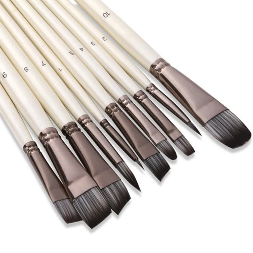 Set of 10 pearl white nylon paintbrushes with wooden handles for oil painting.