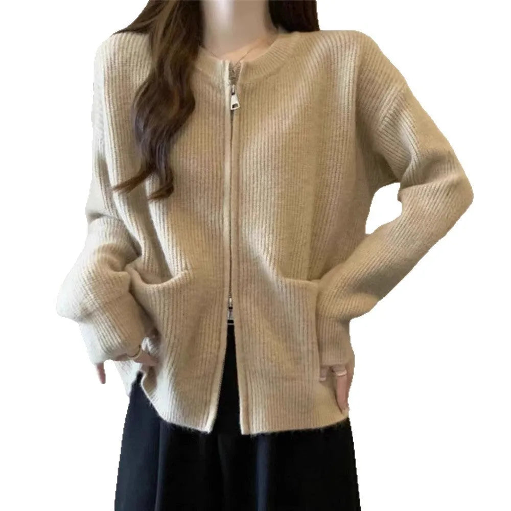 Soft wind glutinous sweater coat cardigan in beige colour, shown as a long-sleeve casual knitwear layer.