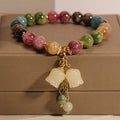 Colour tourmaline bracelet with round beads and lily pendant, jade material, female style