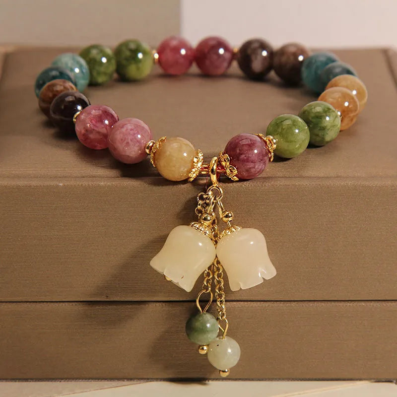 Colour tourmaline bracelet with round beads and lily pendant, jade material, female style