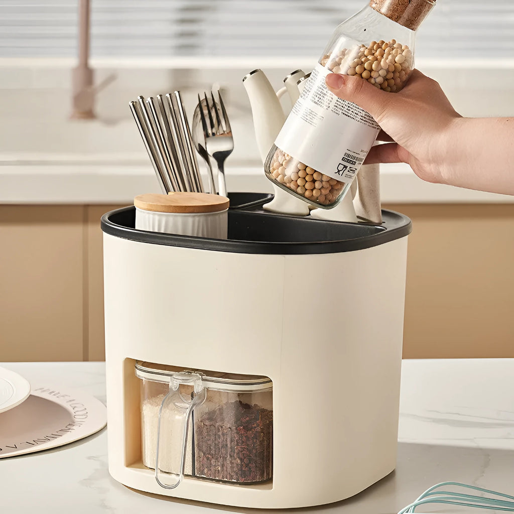 Rotating kitchen storage holder with four compartments for utensils and spices