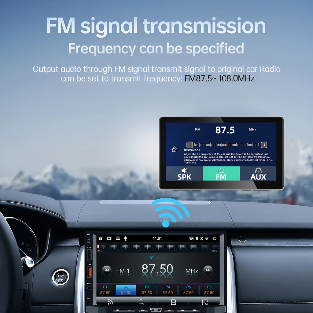 Black 7-inch wireless CarPlay dashboard camera with wide-angle lens on car windshield