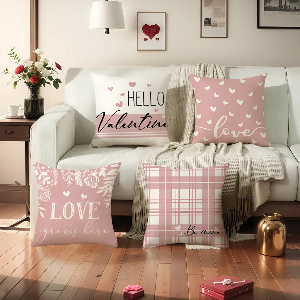 Square pillow cover with a printed red and black plaid heart design on a white background.