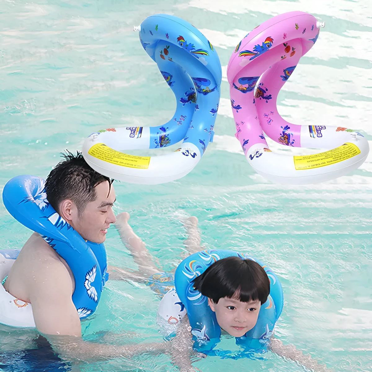 Happy Tour printed PVC swimming vest, double airbag design, pink or blue, sizes S M L for ages 2-6, 7-13, 14+