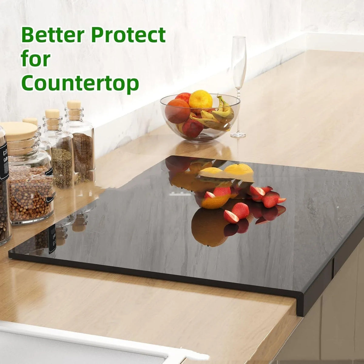 Black transparent acrylic chopping board in 30 x 20 cm size on a kitchen counter