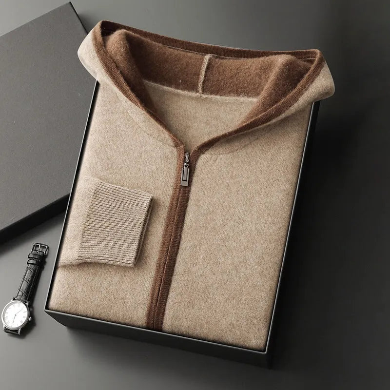 Casual zip-up hooded cashmere cardigan sweater in loose fit, available in white for youth