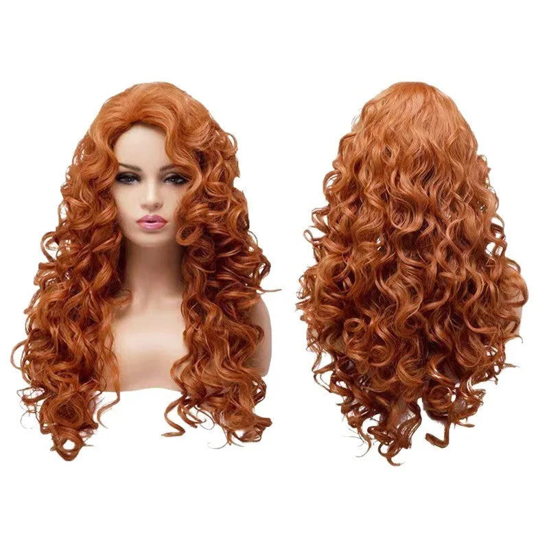 Long wavy curly brown synthetic wig with fluffy texture for Halloween cosplay.