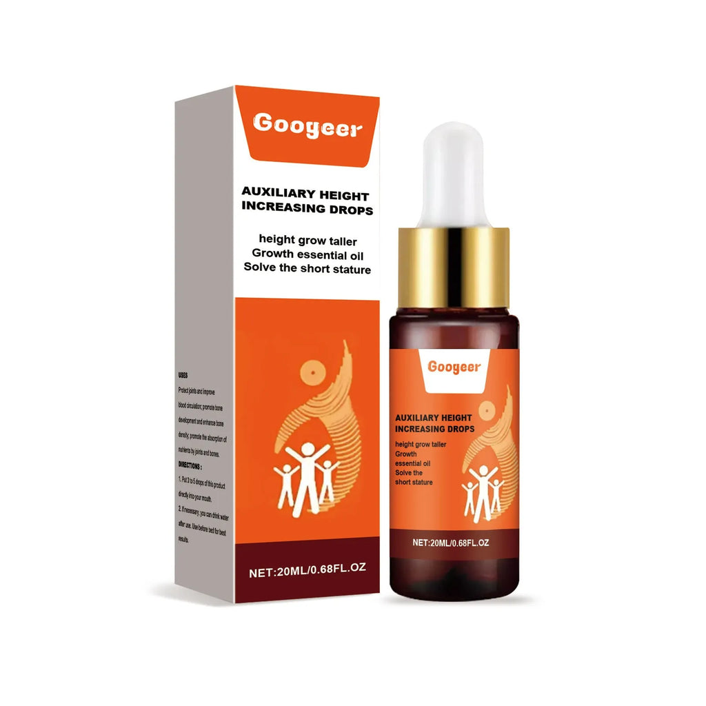 Googeer auxiliary height increasing drops 20ml bottle measuring 2.2x9cm with peppermint extract and vitamin B1