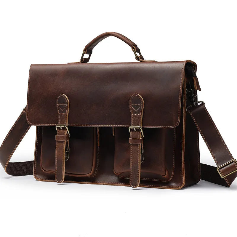 Genuine cowhide leather crossbody computer bag in solid colour with visible sewing lines