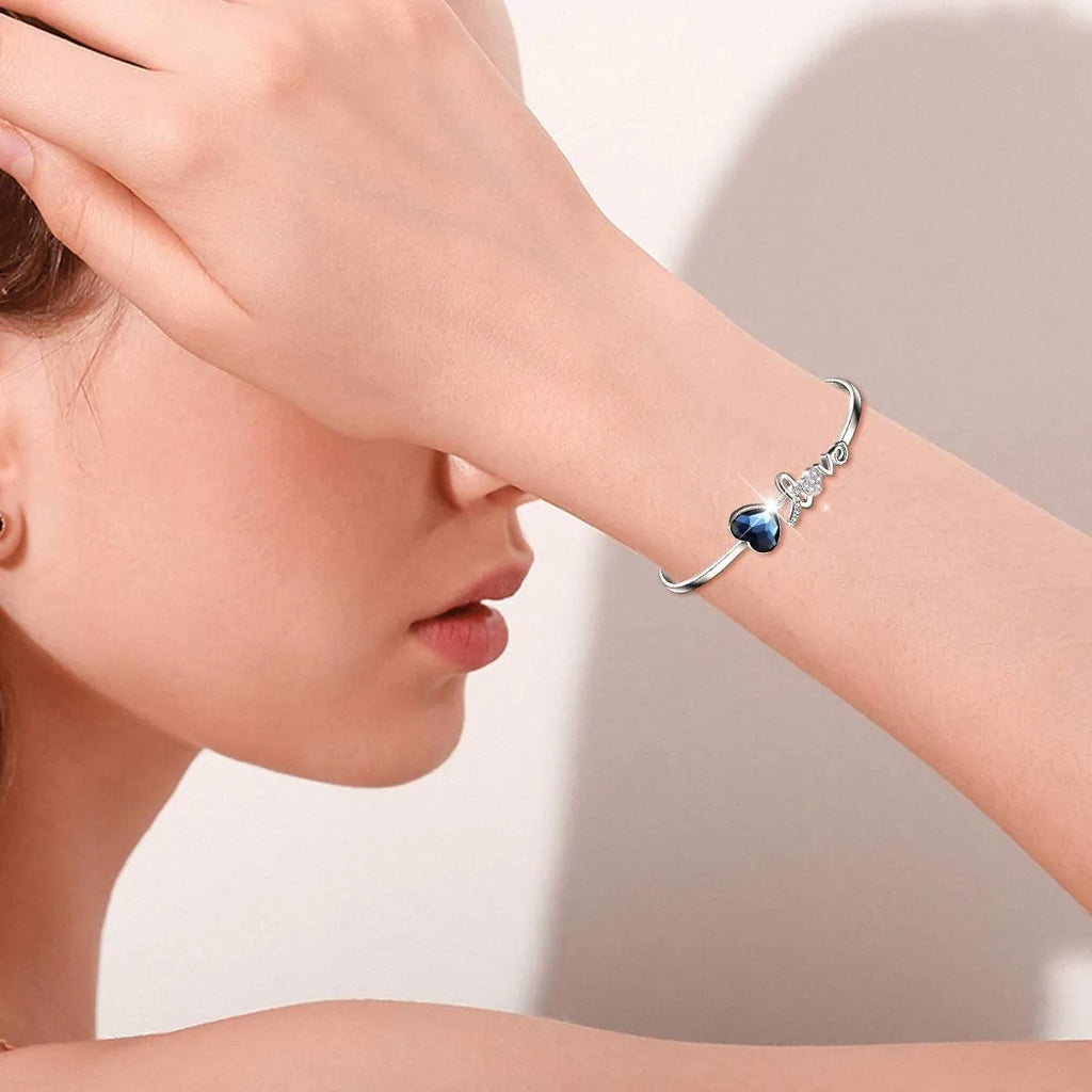 Blue Austrian crystal heart bangle bracelet with Love engraving in white gold plated sterling silver
