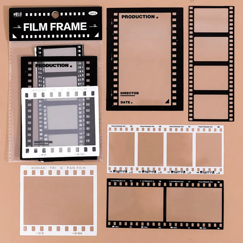 Retro film journal decorative transparent stickers showing photography, film, magazine, music, social, and retro frame designs