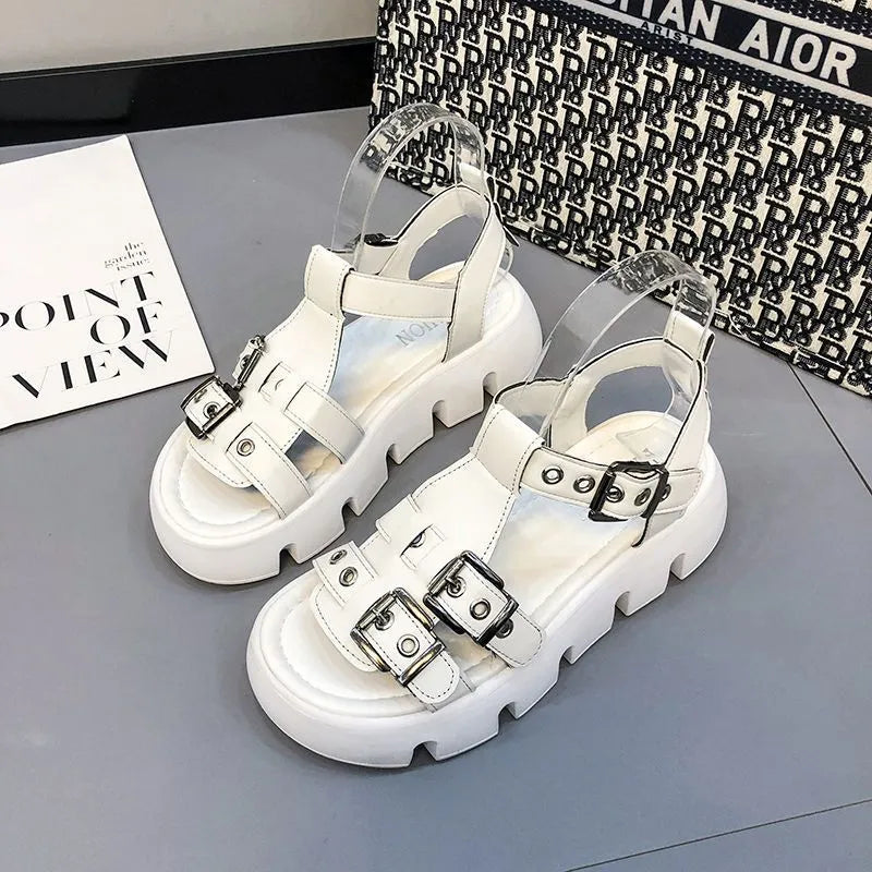 Women's platform sandals with PU upper and rubber sole in apricot colour flat open toe design