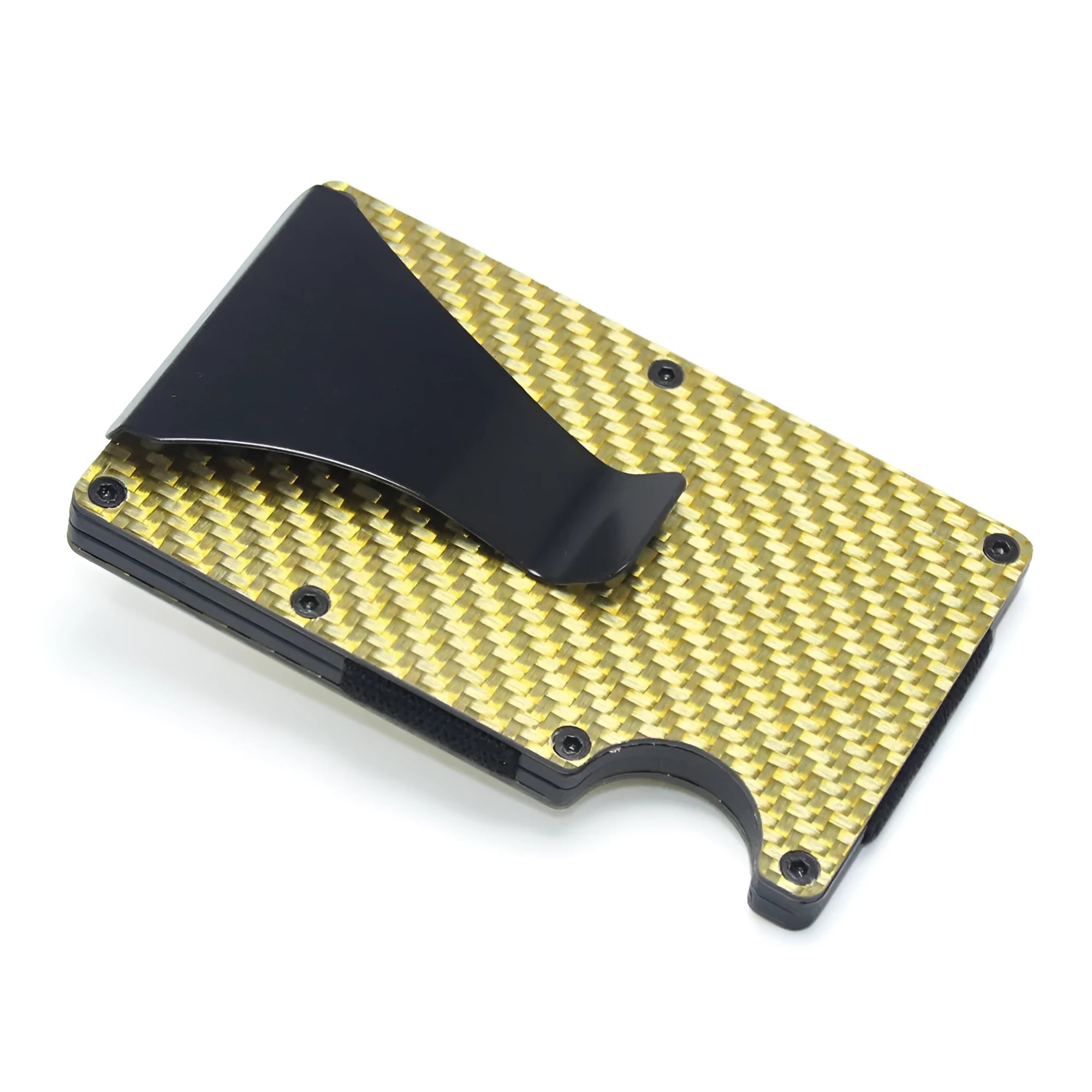 Slim black carbon fibre card holder wallet with geometric design on a desk.