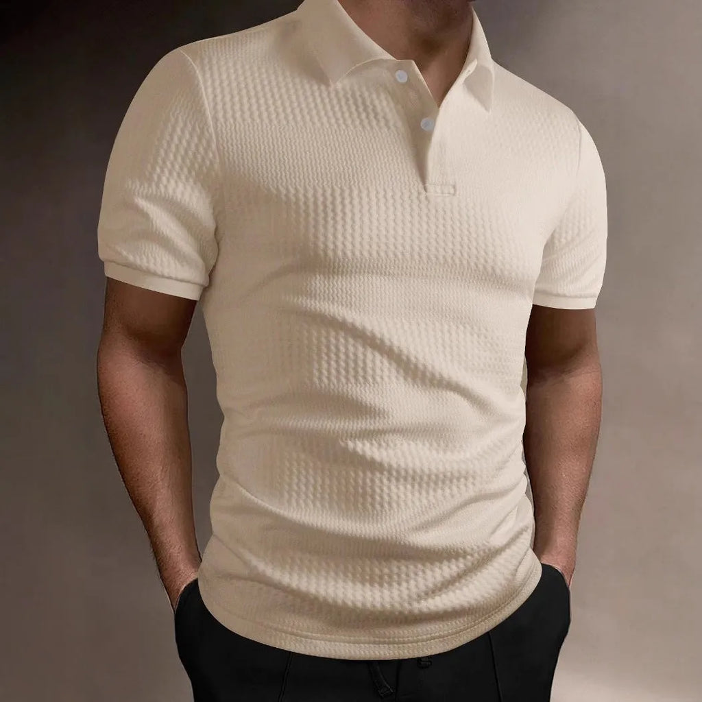 Men's striped polo shirt in loose fit with short sleeves showing asymmetric design detail