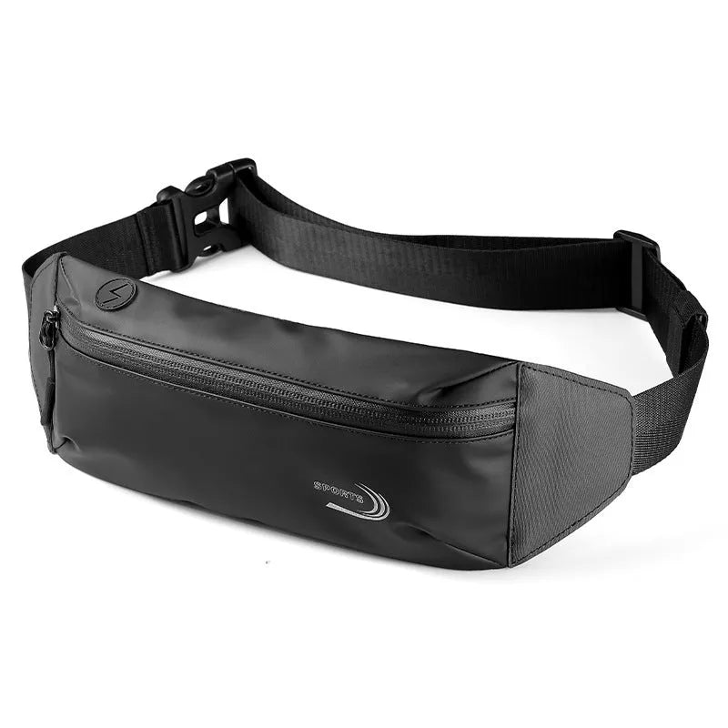 Men's black waterproof waist bag made from Derm Oxford polyester, shown with adjustable strap.
